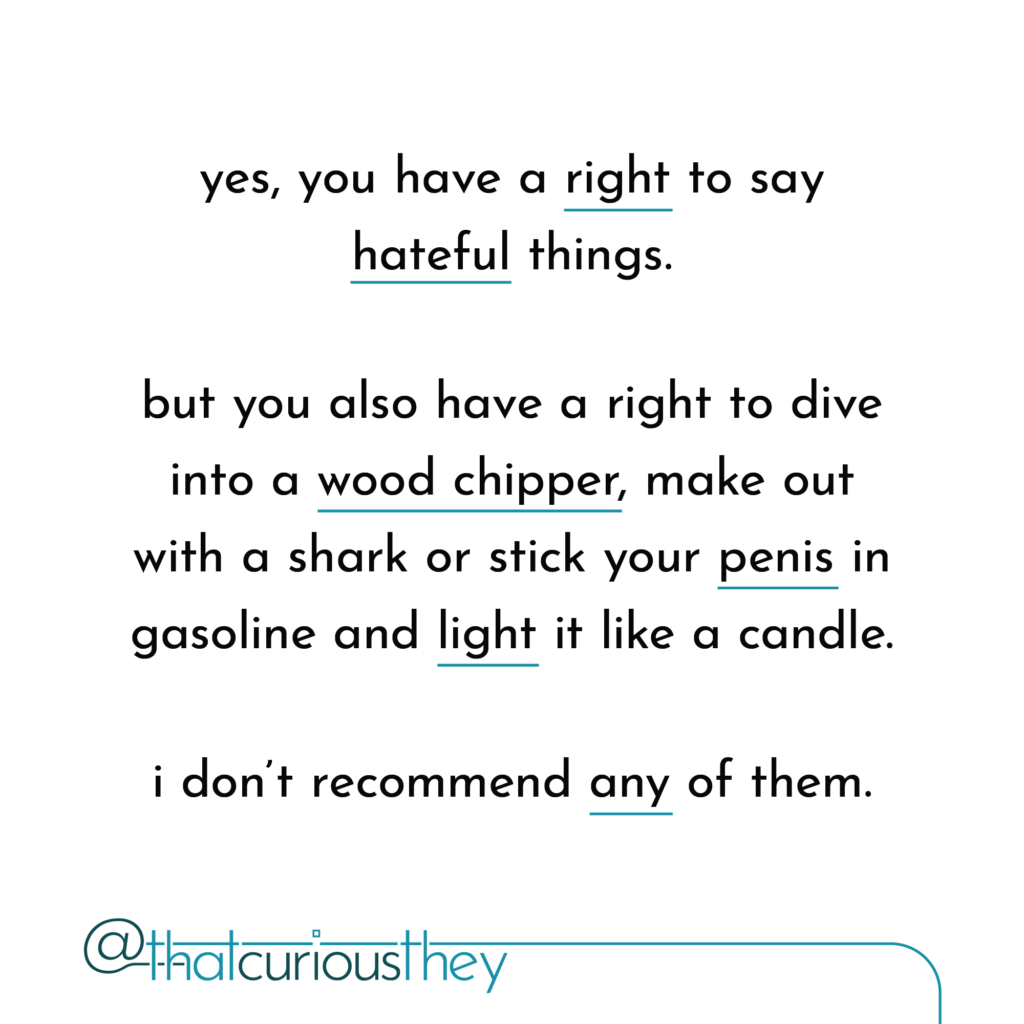 yes, you have a right to say hateful things. but you also have a right to dive into a wood chipper, make out with a shark or stick your penis in gasoline and light it like a candle. i don\'t recommend any of them.