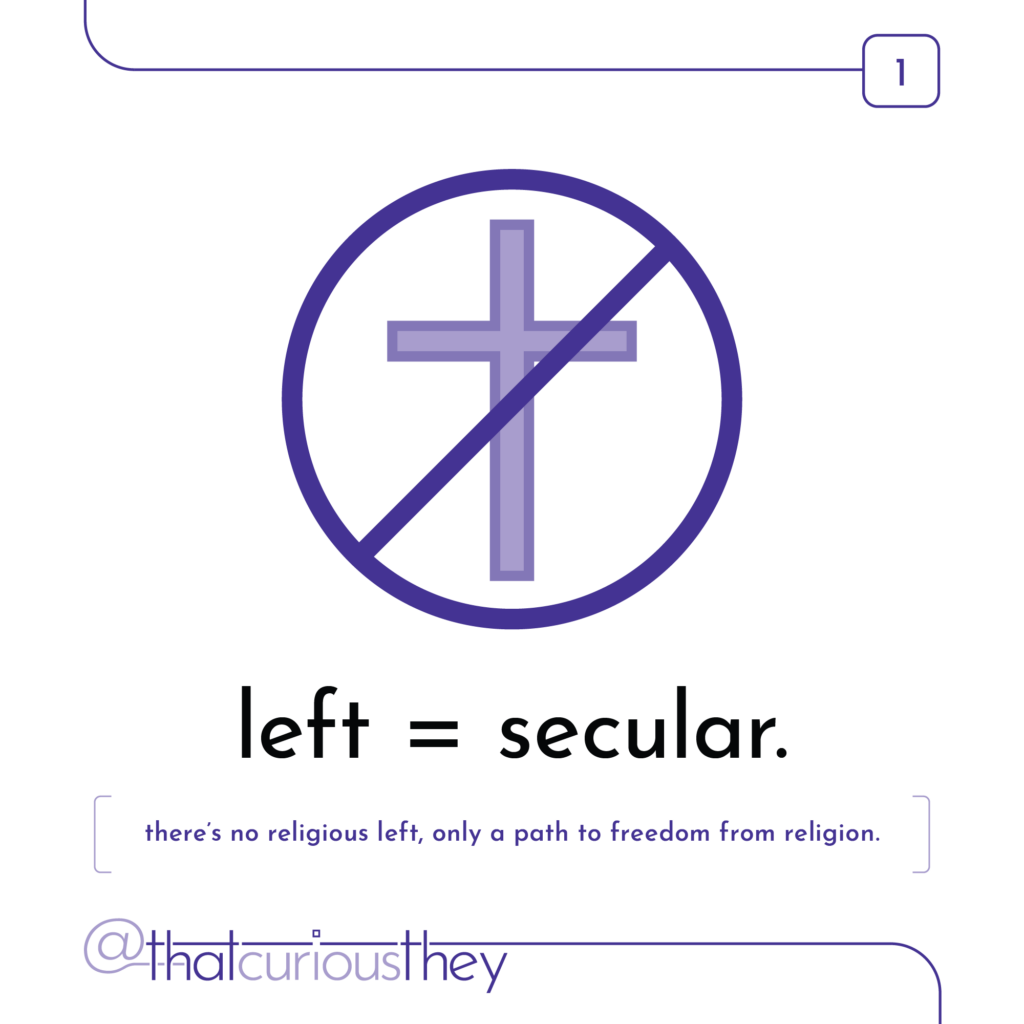 left = secular. there's no religious left, only a path to freedom from religion.