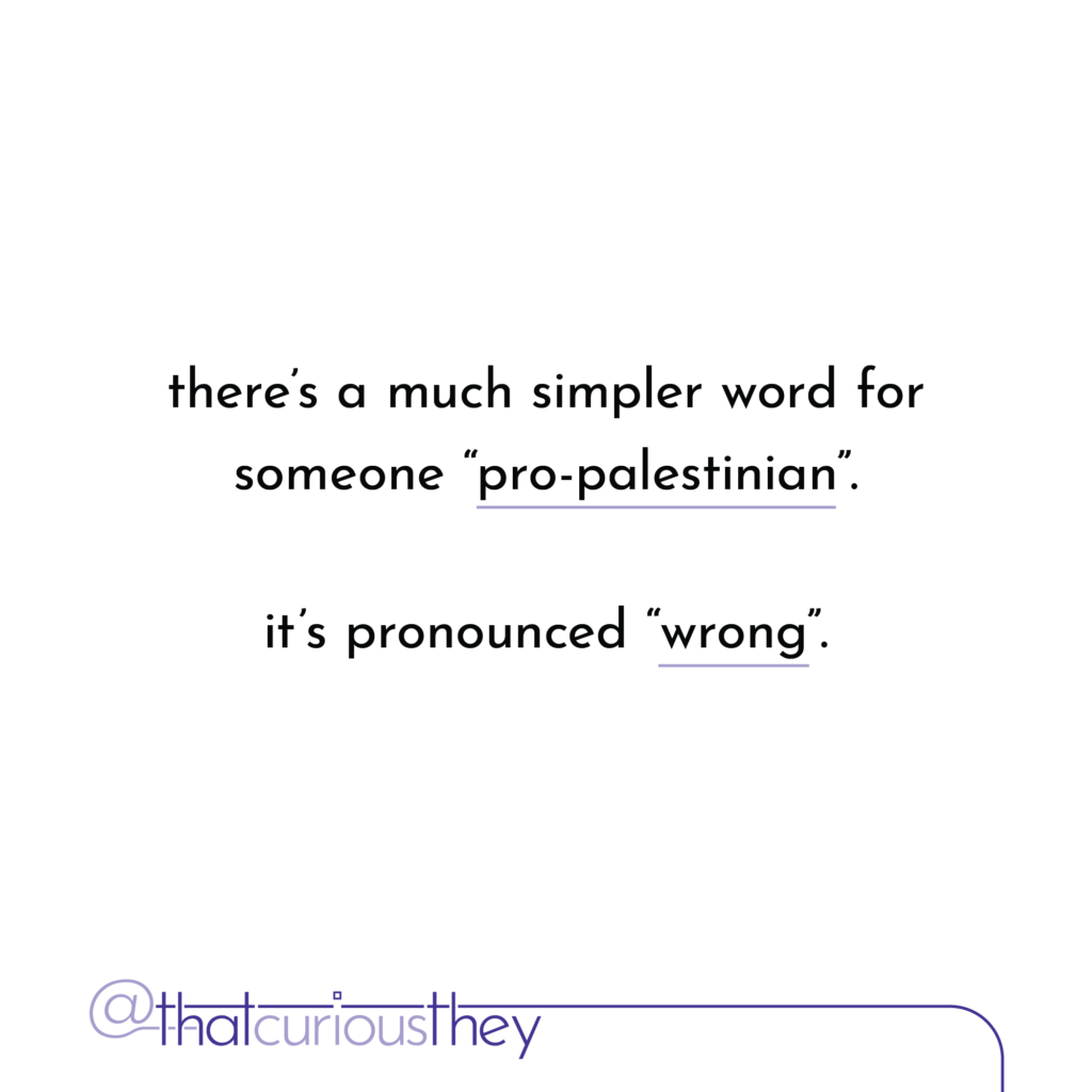 there\'s a much simpler word for someone \"pro-palestinian\". it\'s pronounced \"wrong\".