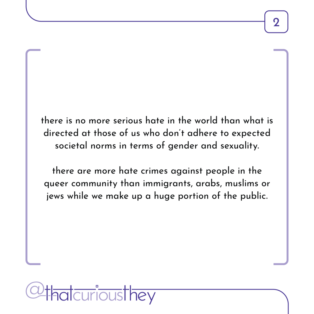 there is no more serious hate in the world than what is directed at those of us who don\'t adhere to expected societal norms in terms of gender and sexuality. there are more hate crimes against people in the queer community than immigrants, arabs, muslims or jews while we make up a huge portion of the public.