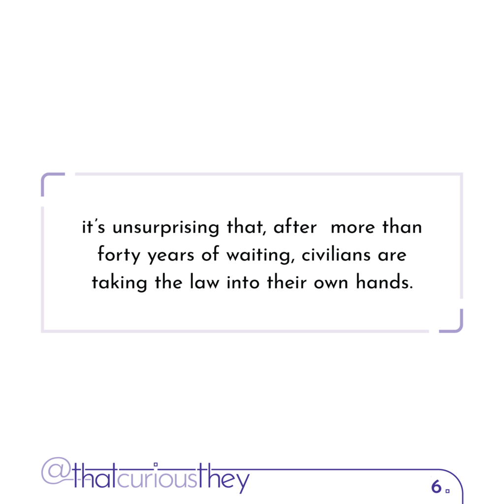 it\'s unsurprising that, after more than forty years of waiting, civilians are taking the law into their own hands.