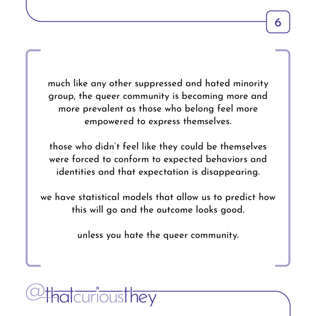 much like any other suppressed and hated minority group, the queer community is becoming more and more prevalent as those who belong feel more empowered to express themselves. those who didn\'t feel like they could be themselves were forced to conform to expected behaviors and identities and that expectation is disappearing. we have statistical models that allow us to predict how this will go and the outcome looks good. unless you hate the queer community.