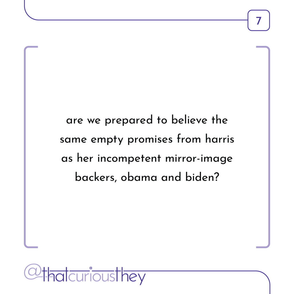 are we prepared to believe the same empty promises from harris as her incompetent mirror-image backers, obama and biden?
