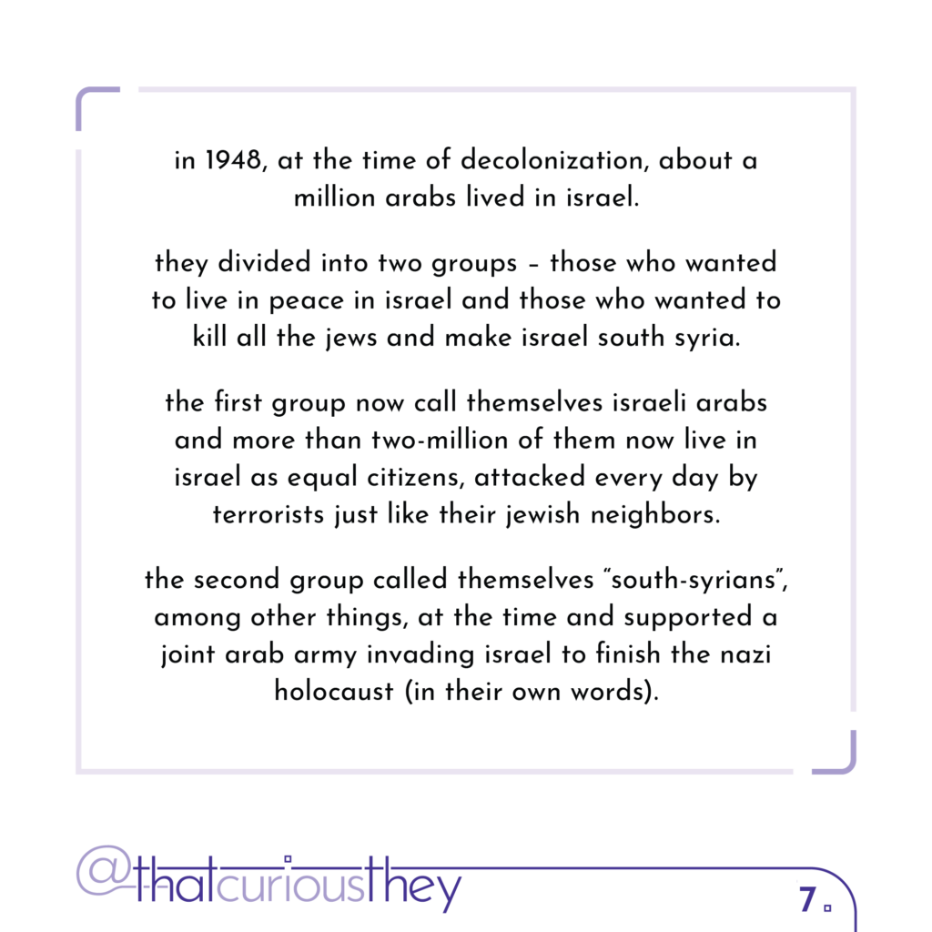 in 1948, at the time of decolonization, about a million arabs lived in israel. they divided into two groups - those who wanted to live in peace in israel and those who wanted to kill all the jews and make israel south syria. the first group now call themselves israeli arabs and more than two-million of them now live in israel as equal citizens, attacked every day by terrorists just like their jewish neighbors. the second group called themselves \"south-syrians\", among other things, at the time and supported a joint arab army invading israel to finish the nazi holocaust (in their own words).