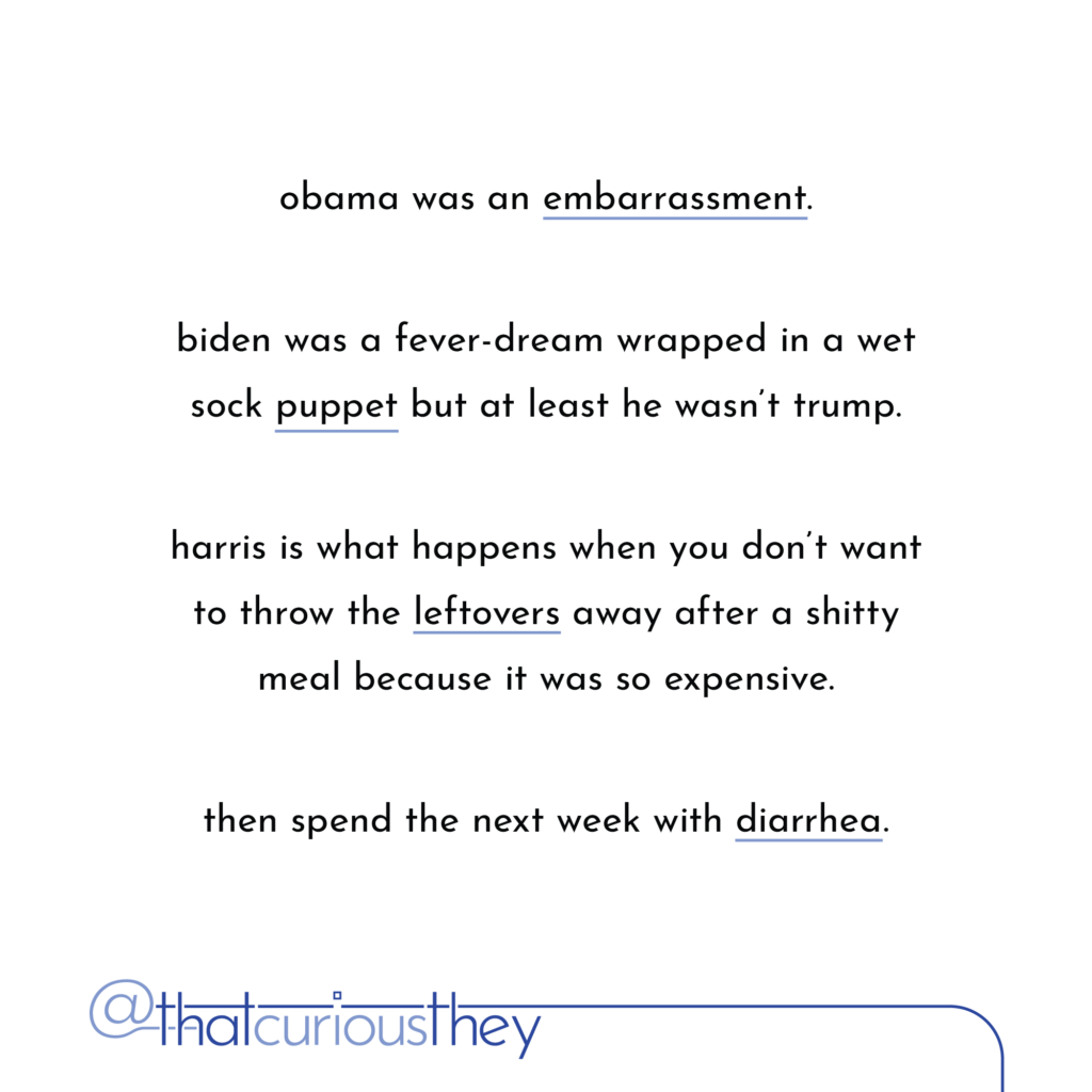 obama was an embarrassment. biden was a fever-dream wrapped in a wet sock puppet but at least he wasn\'t trump. harris is what happens when you don\'t want to throw the leftovers away after a shitty meal because it was so expensive. then spend the next week with diarrhea.