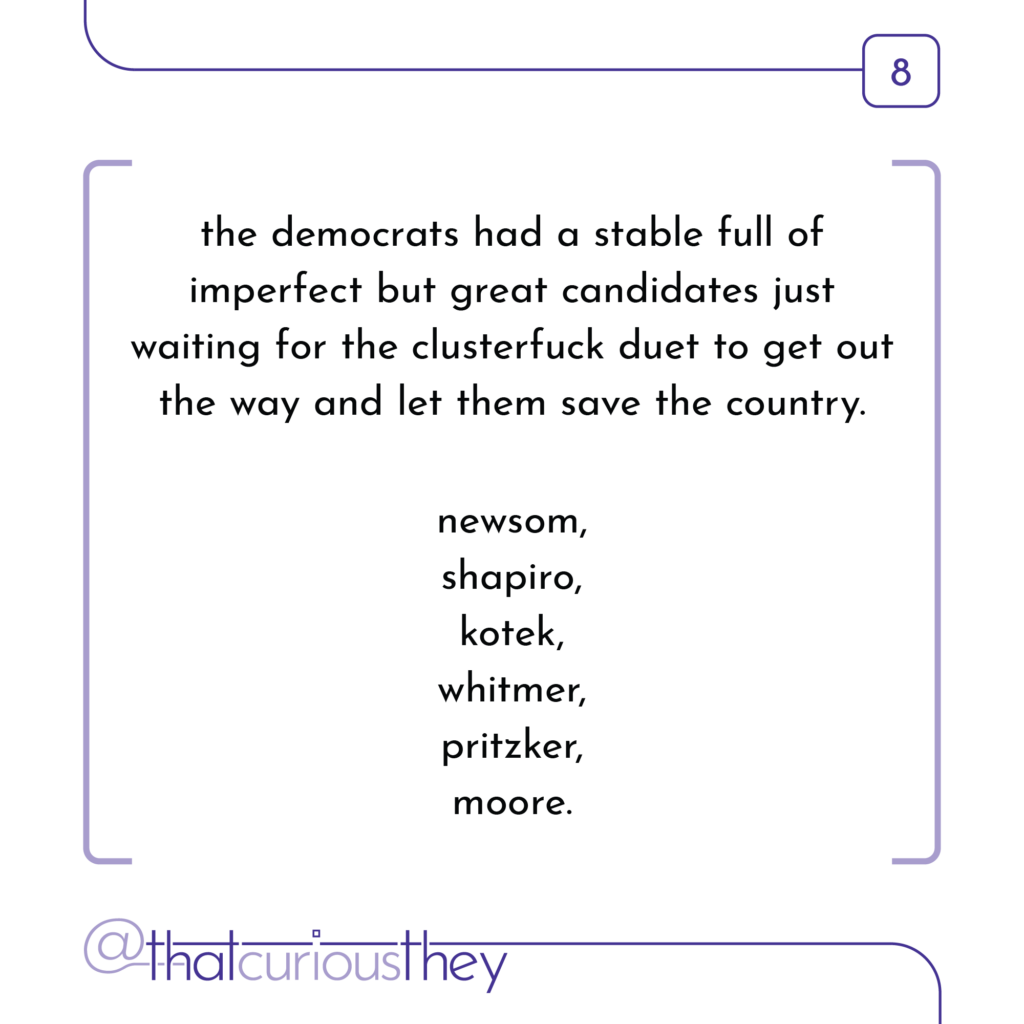 the democrats had a stable full of imperfect but great candidates just waiting for the clusterfuck duet to get out the way and let them save the country. newsom, shapiro, kotek, whitmer, pritzker, moore.